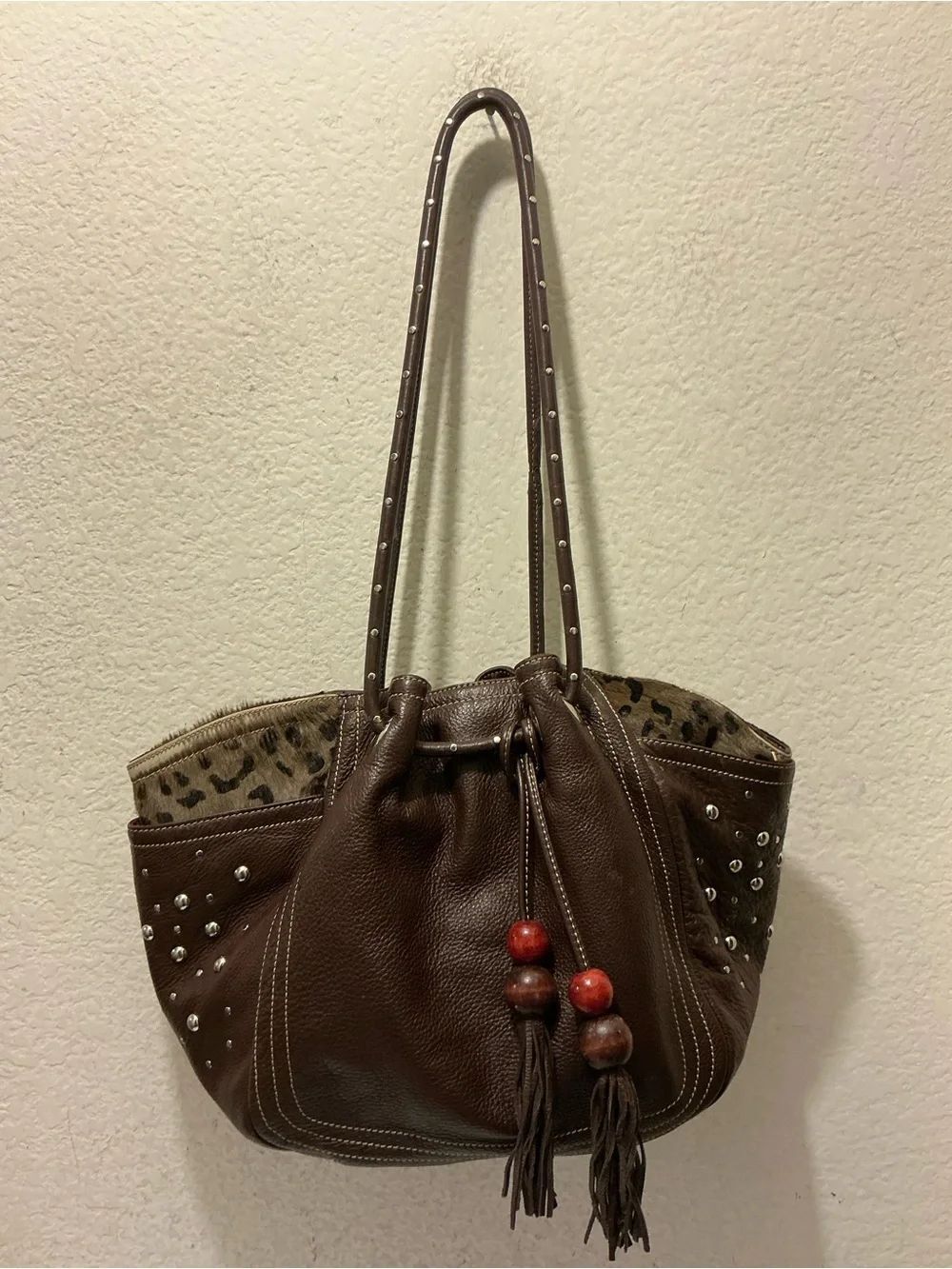 Sharif Brown Leather Shoulder Bag with Studs and Tassel Beads